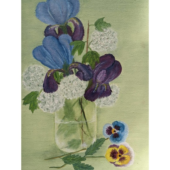 Vintage Mid-Century Floral Oil Painting, Pansies Iris Snowballs, Mint Green - Picture 2 of 10